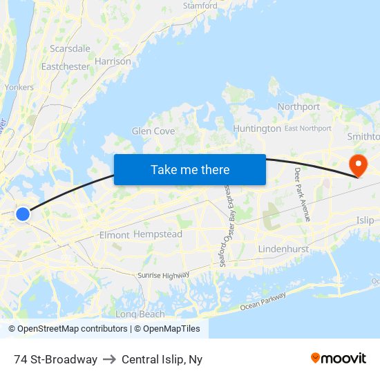 74 St-Broadway to Central Islip, Ny map