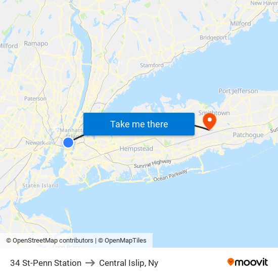 34 St-Penn Station to Central Islip, Ny map