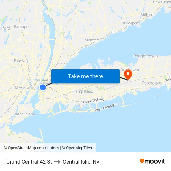 Grand Central-42 St to Central Islip, Ny map