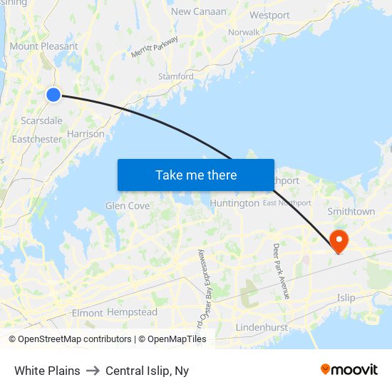 White Plains to Central Islip, Ny map