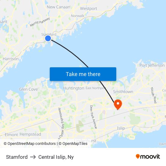 Stamford to Central Islip, Ny map