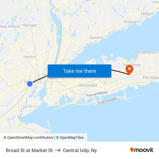 Broad St at Market St to Central Islip, Ny map