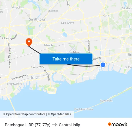 Patchogue LIRR (77, 77y) to Central Islip map