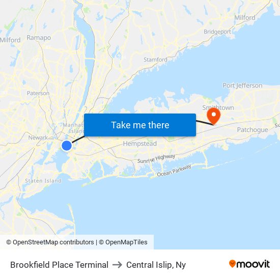 Brookfield Place Terminal to Central Islip, Ny map