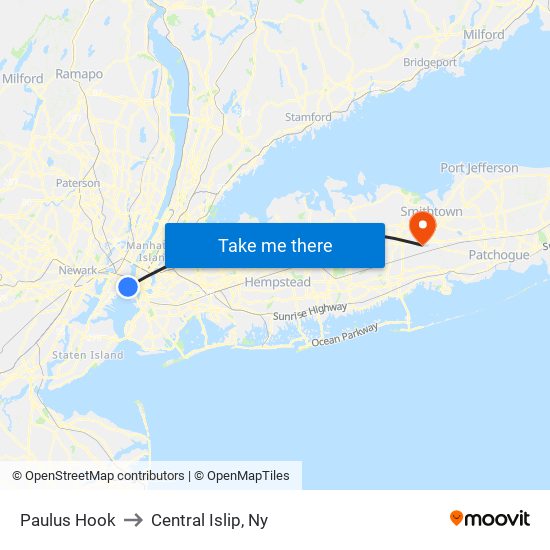 Paulus Hook to Central Islip, Ny map