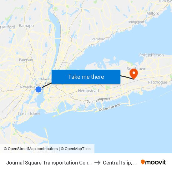 Journal Square Transportation Center to Central Islip, Ny map
