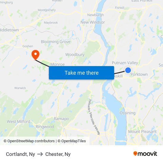 Cortlandt, Ny to Chester, Ny map