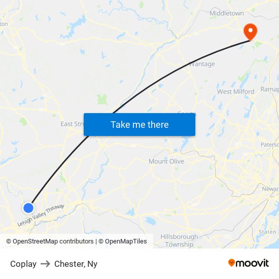 Coplay to Chester, Ny map