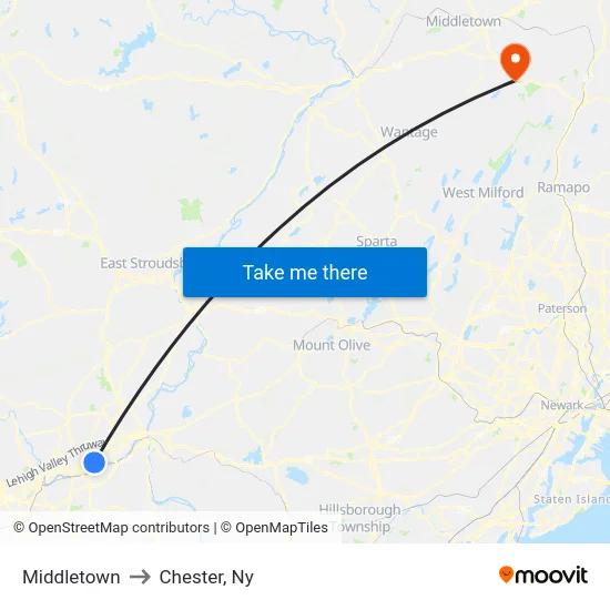Middletown to Chester, Ny map