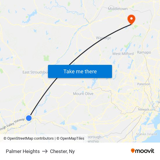 Palmer Heights to Chester, Ny map