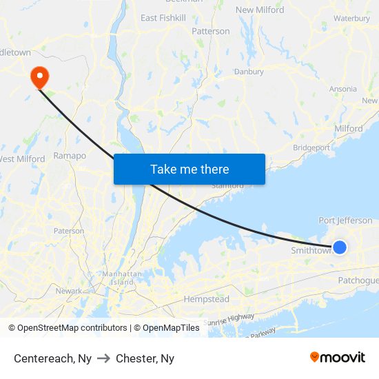 Centereach, Ny to Chester, Ny map