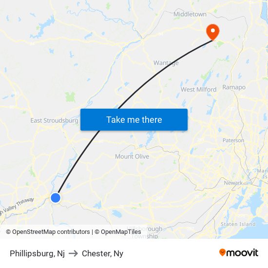 Phillipsburg, Nj to Chester, Ny map