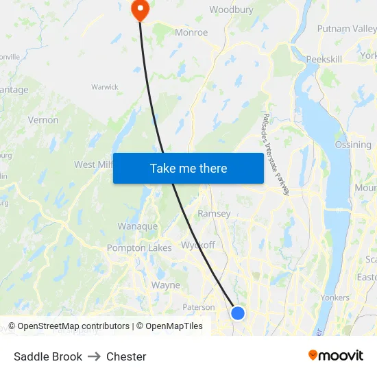 Saddle Brook to Chester map