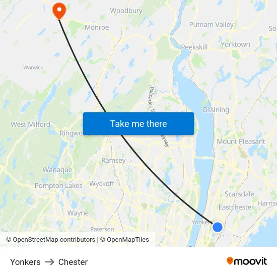 Yonkers to Chester map