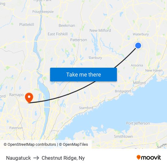 Naugatuck to Chestnut Ridge, Ny map