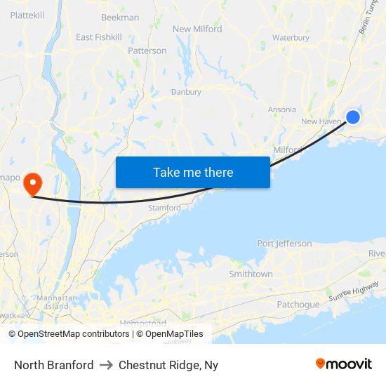 North Branford to Chestnut Ridge, Ny map