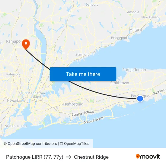 Patchogue LIRR (77, 77y) to Chestnut Ridge map