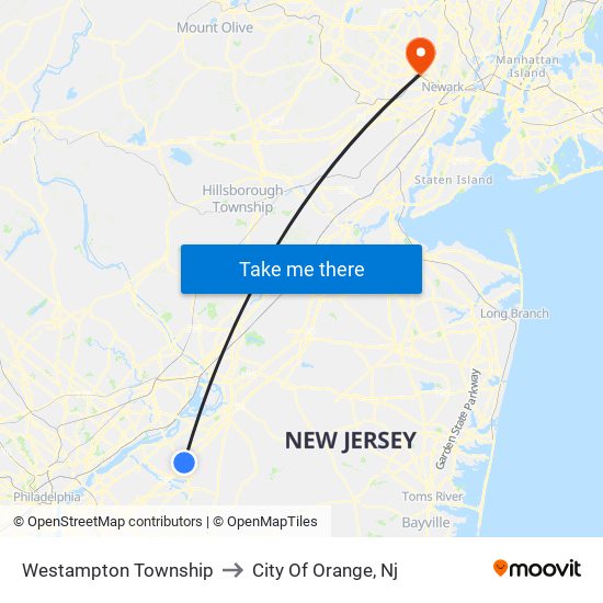 Westampton Township to City Of Orange, Nj map