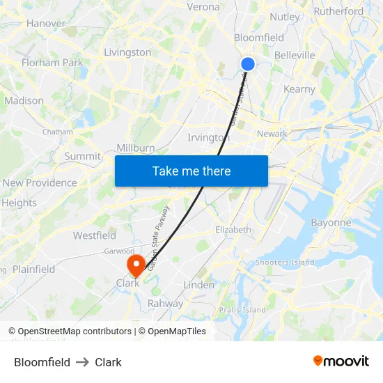 Bloomfield to Clark map