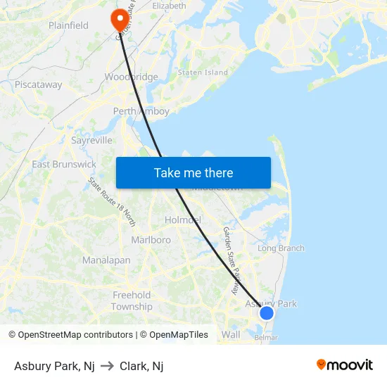 Asbury Park to Clark, Nj map