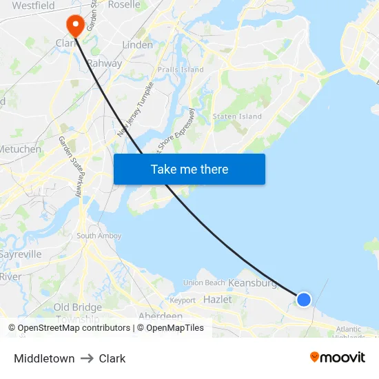 Middletown to Clark map