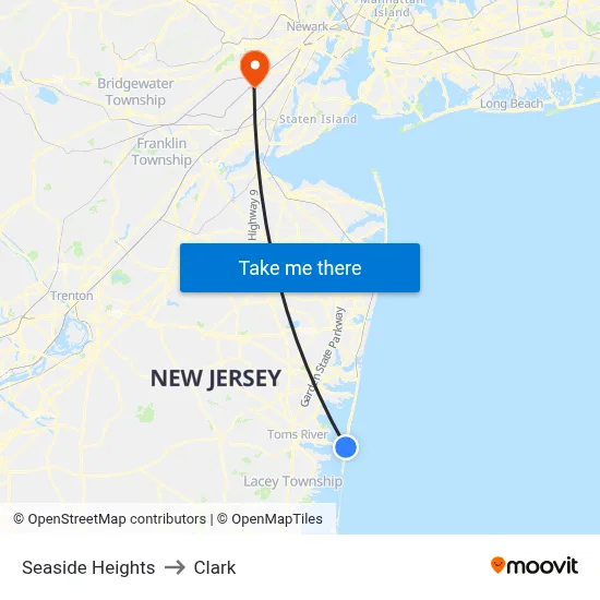 Seaside Heights to Clark map