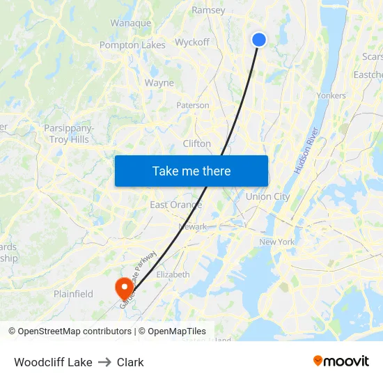 Woodcliff Lake to Clark map