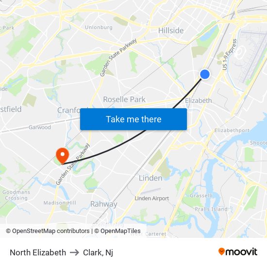 North Elizabeth to Clark, Nj map