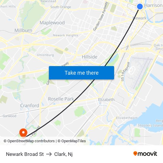 Newark Broad St to Clark, Nj map