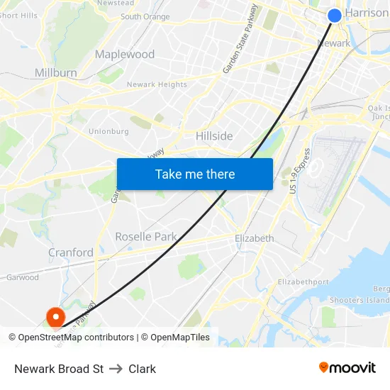 Newark Broad St to Clark map