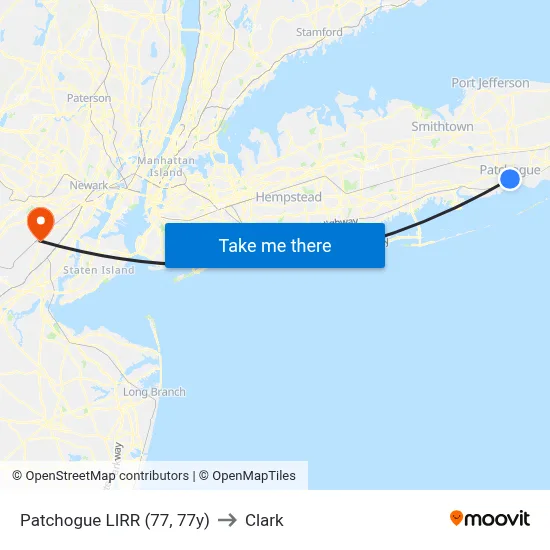 Patchogue LIRR (77, 77y) to Clark map
