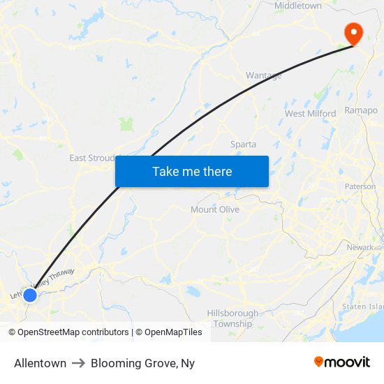 Allentown to Blooming Grove, Ny map