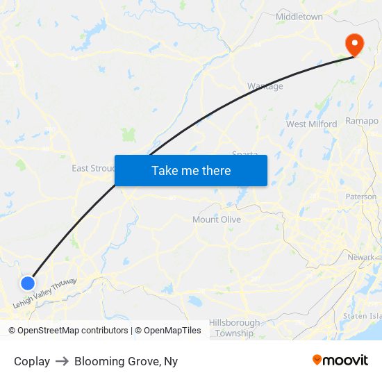 Coplay to Blooming Grove, Ny map