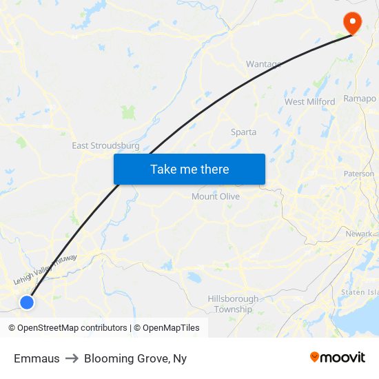 Emmaus to Blooming Grove, Ny map