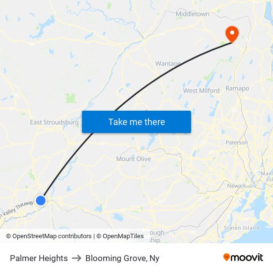 Palmer Heights to Blooming Grove, Ny map