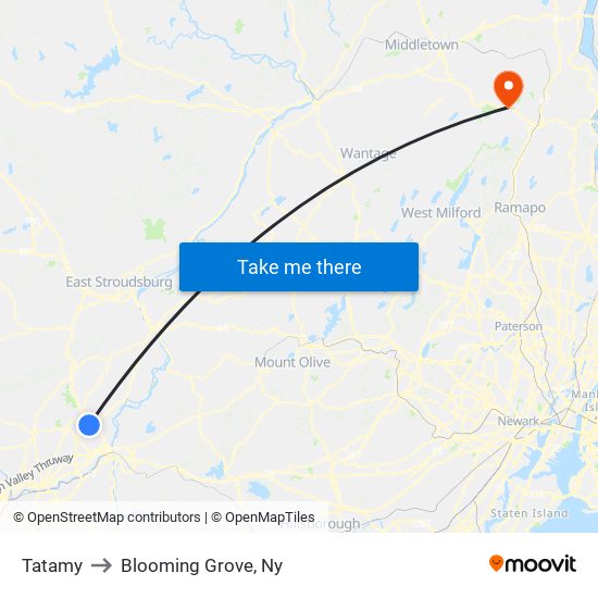 Tatamy to Blooming Grove, Ny map