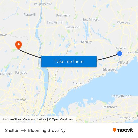 Shelton to Blooming Grove, Ny map