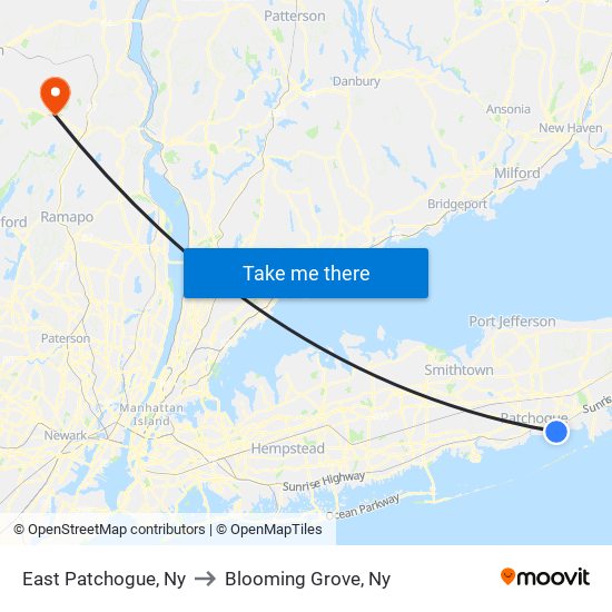 East Patchogue, Ny to Blooming Grove, Ny map