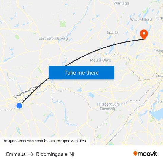 Emmaus to Bloomingdale, Nj map