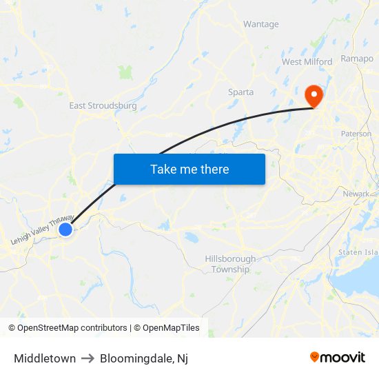 Middletown to Bloomingdale, Nj map