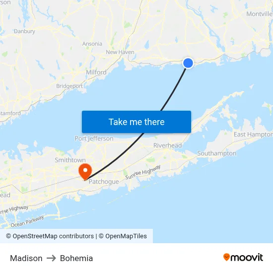 Madison to Bohemia map