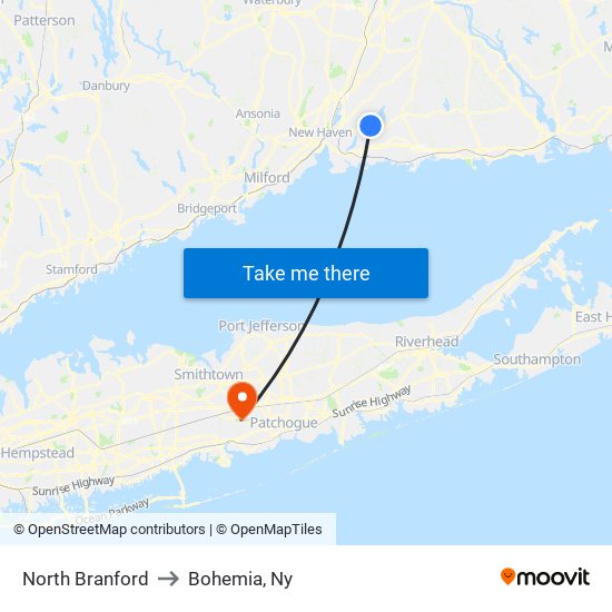 North Branford to Bohemia, Ny map