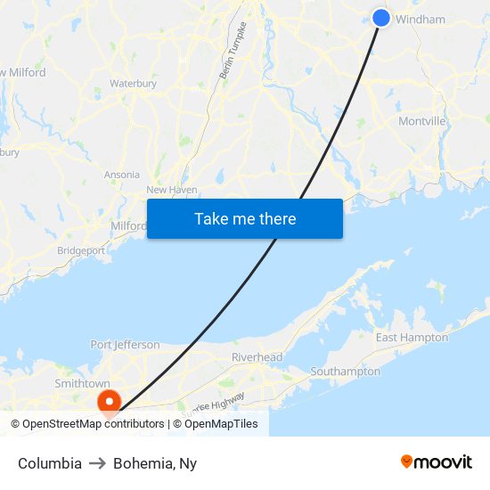 Columbia to Bohemia, Ny map