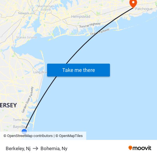 Berkeley, Nj to Bohemia, Ny map