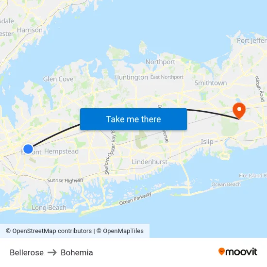 Bellerose to Bohemia map