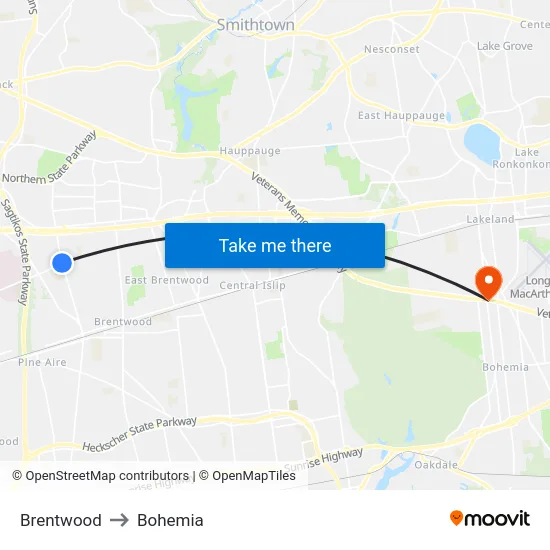 Brentwood to Bohemia map