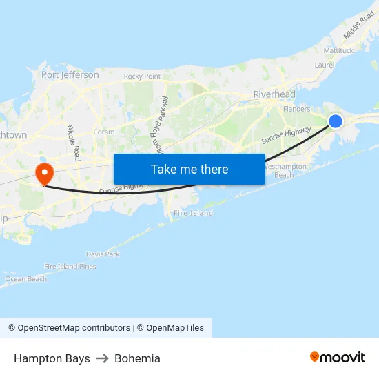 Hampton Bays to Bohemia map