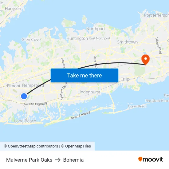 Malverne Park Oaks to Bohemia map