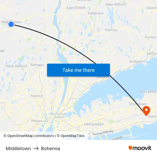 Middletown to Bohemia map