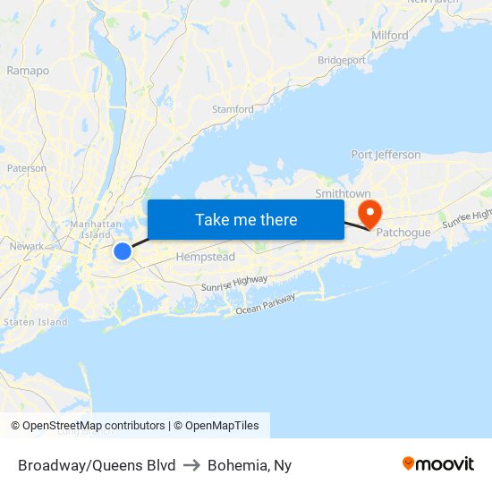 Broadway/Queens Blvd to Bohemia, Ny map